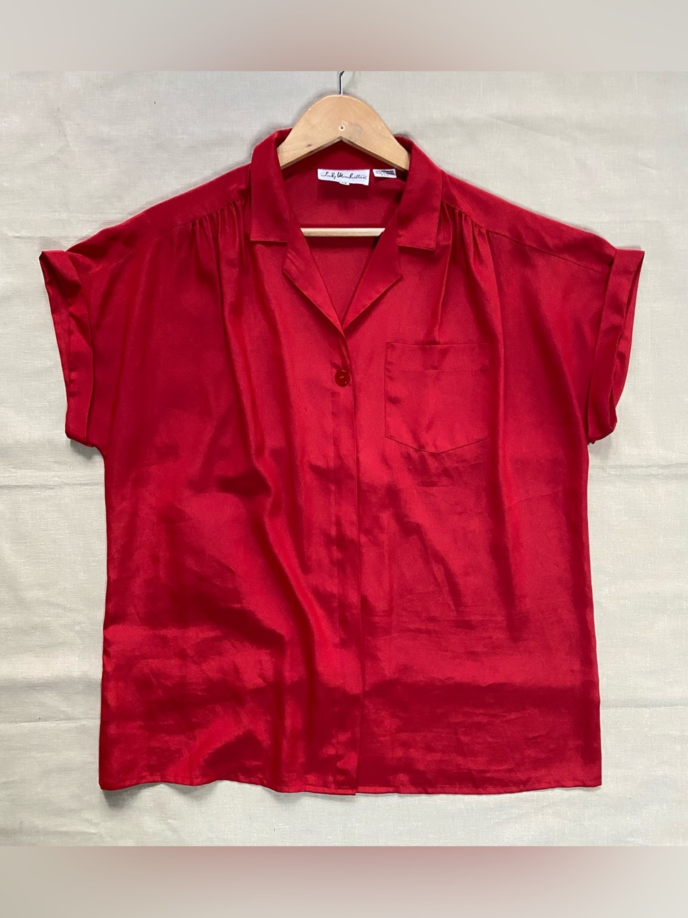 Vintage Lady Manhattan Cherry Red Camp Collar Blouse // Silky Retro 80s Top